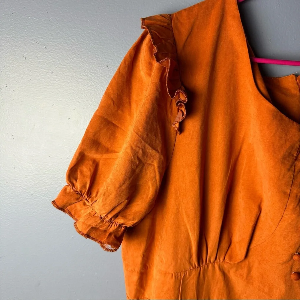 SHEIN Orange Ruffle and Ruched Cottagecore Puff Sleeve Maxi Dress